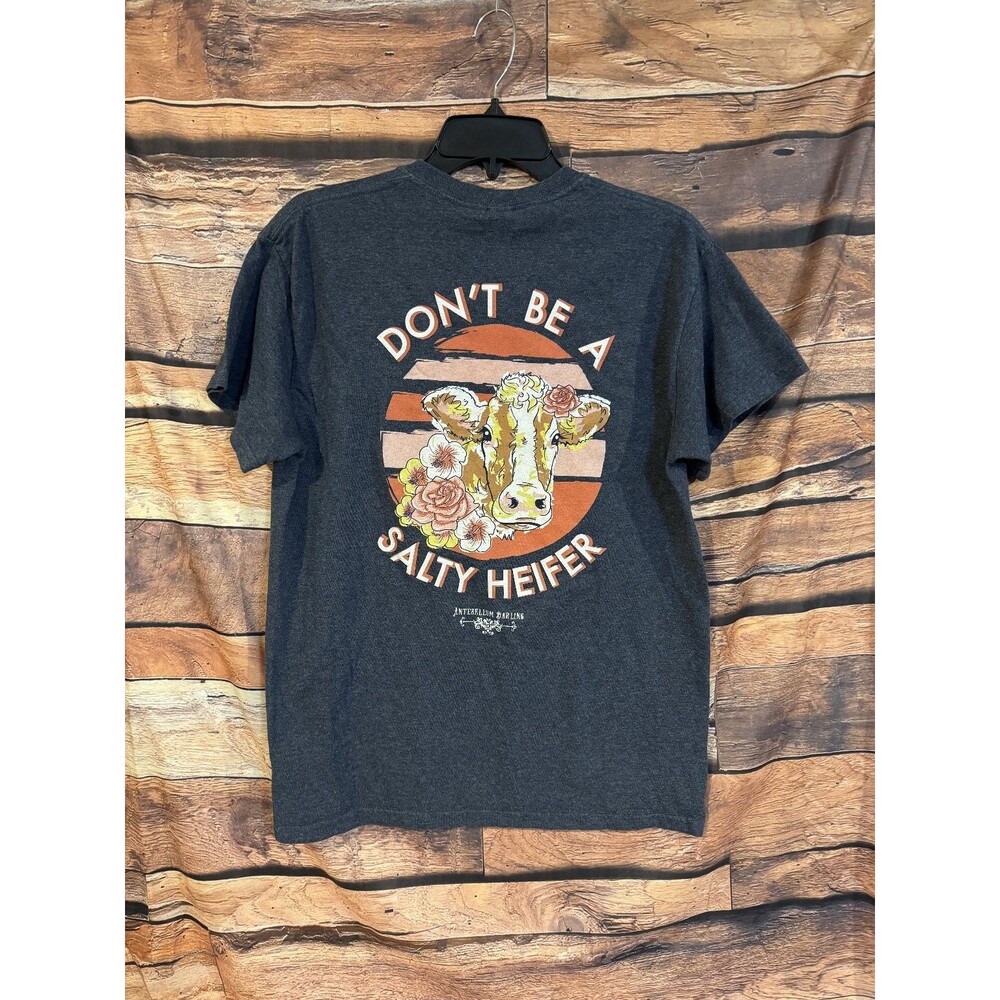 Gildan T-Shirt Medium Heather Blue Salty Heifer Cow Floral Graphic Cotton Blend